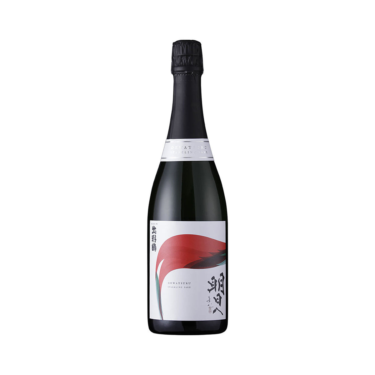 DEWATSURU sparkling sake bottle, dark glass with foil neck and label with red circle