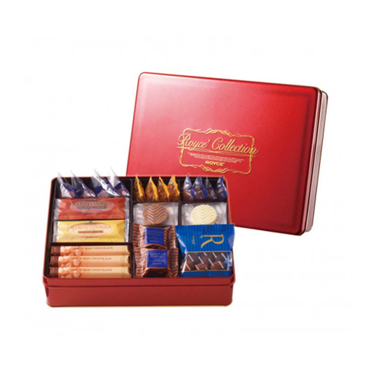 Red ROYCE' confectionery gift box with assorted chocolates and bars, open lid
