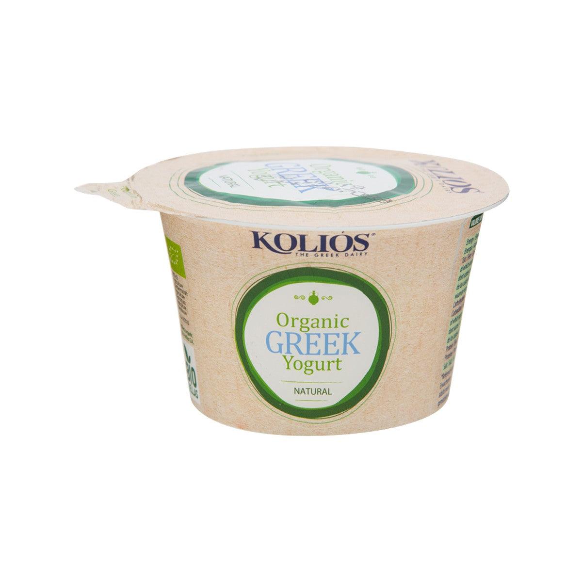 KOLIOS organic Greek yogurt cup, beige container with green label