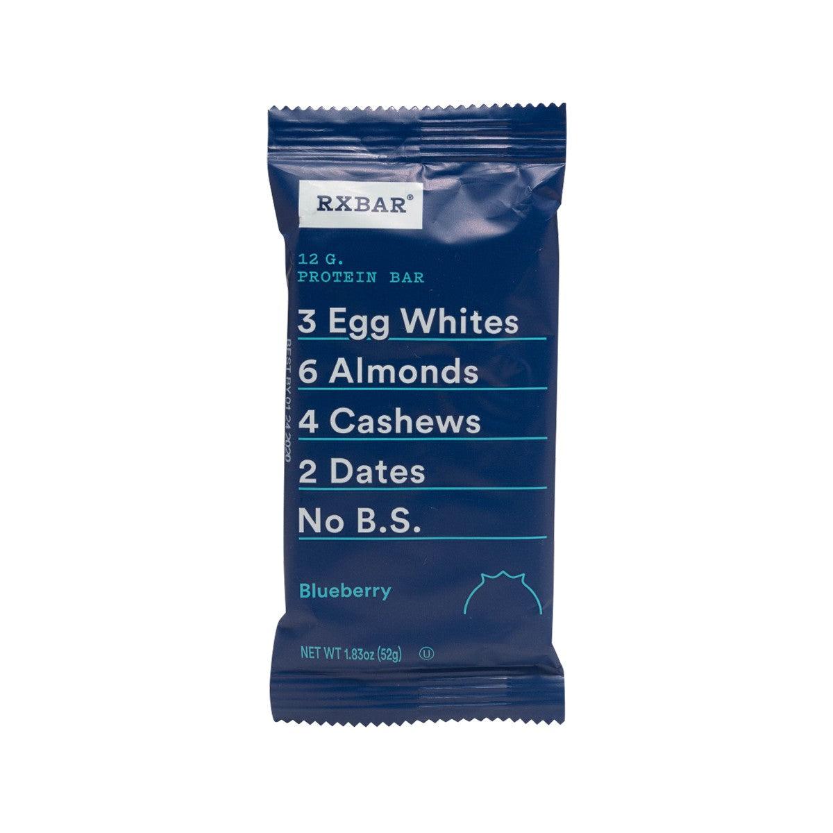RXBAR blueberry protein bar package, 3 egg whites, 6 almonds, 4 cashews, 2 dates.