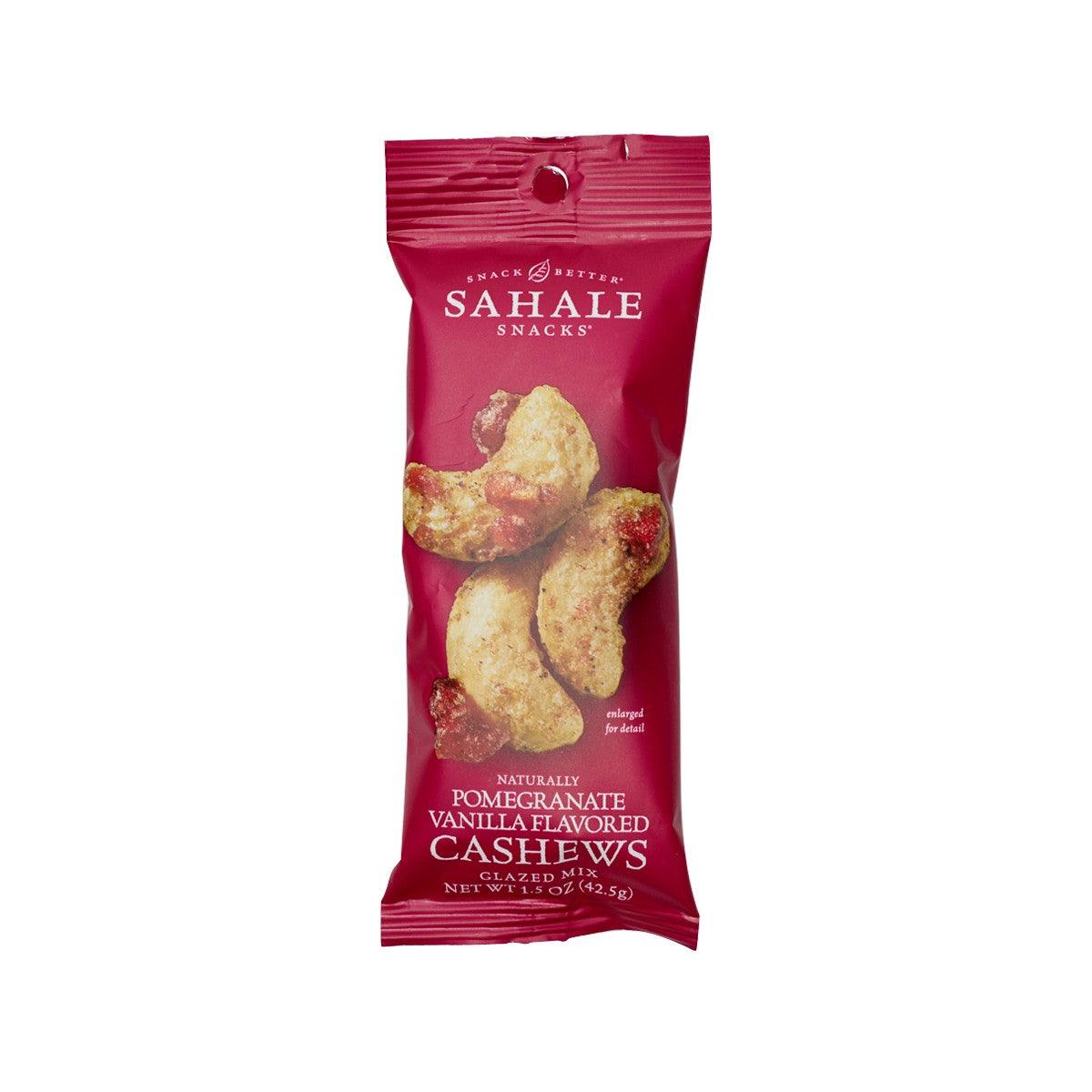 SAHALE pomegranate vanilla glazed cashews mix in red foil snack pouch