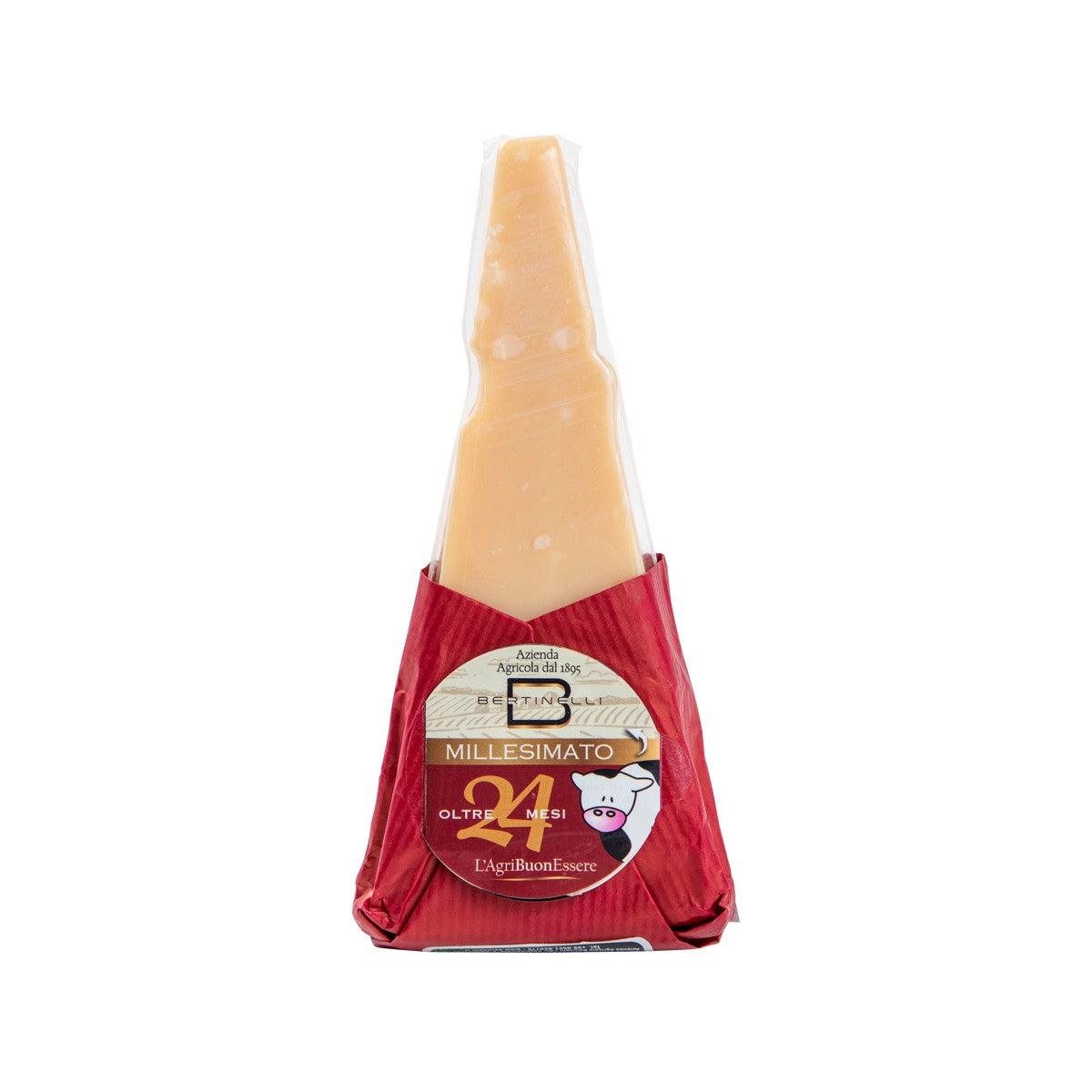Aged hard cheese wedge in red wrap with label