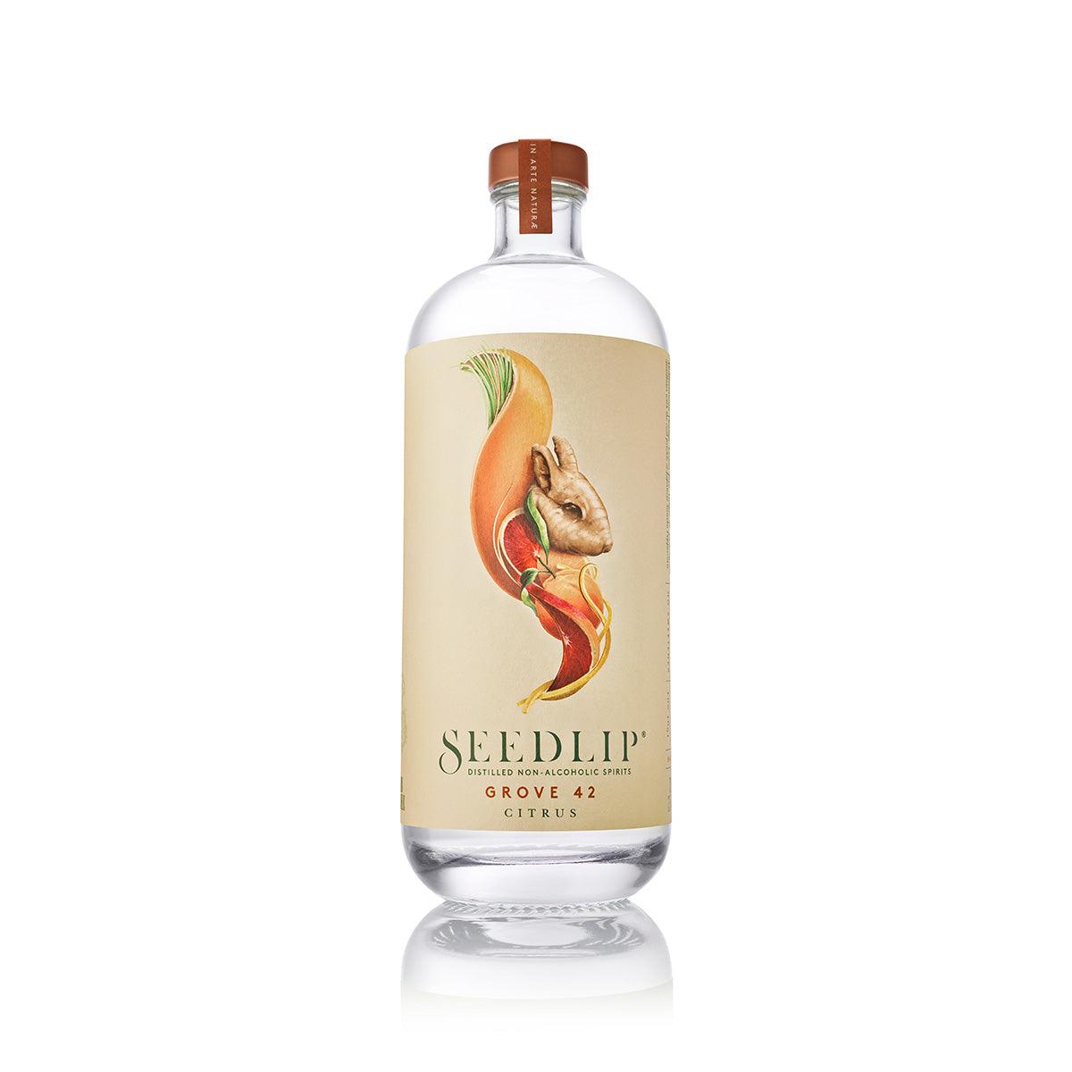 SEEDLIP Grove 42 non-alcoholic spirits bottle with fruit label and brown cap