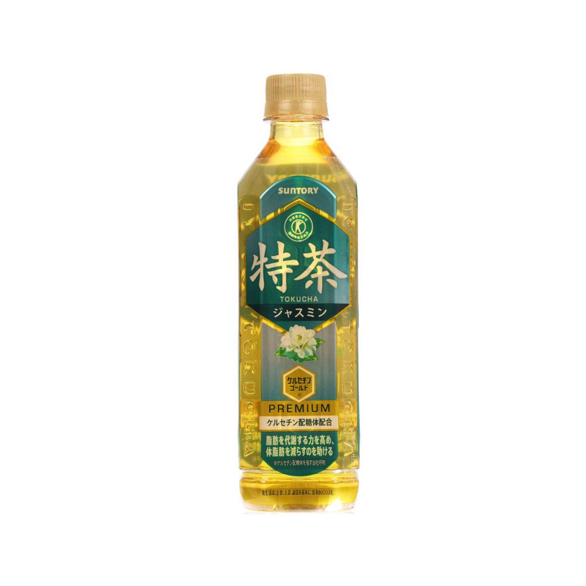 IYEMON Tokucha jasmine tea bottle, 500 mL, green label with floral graphics
