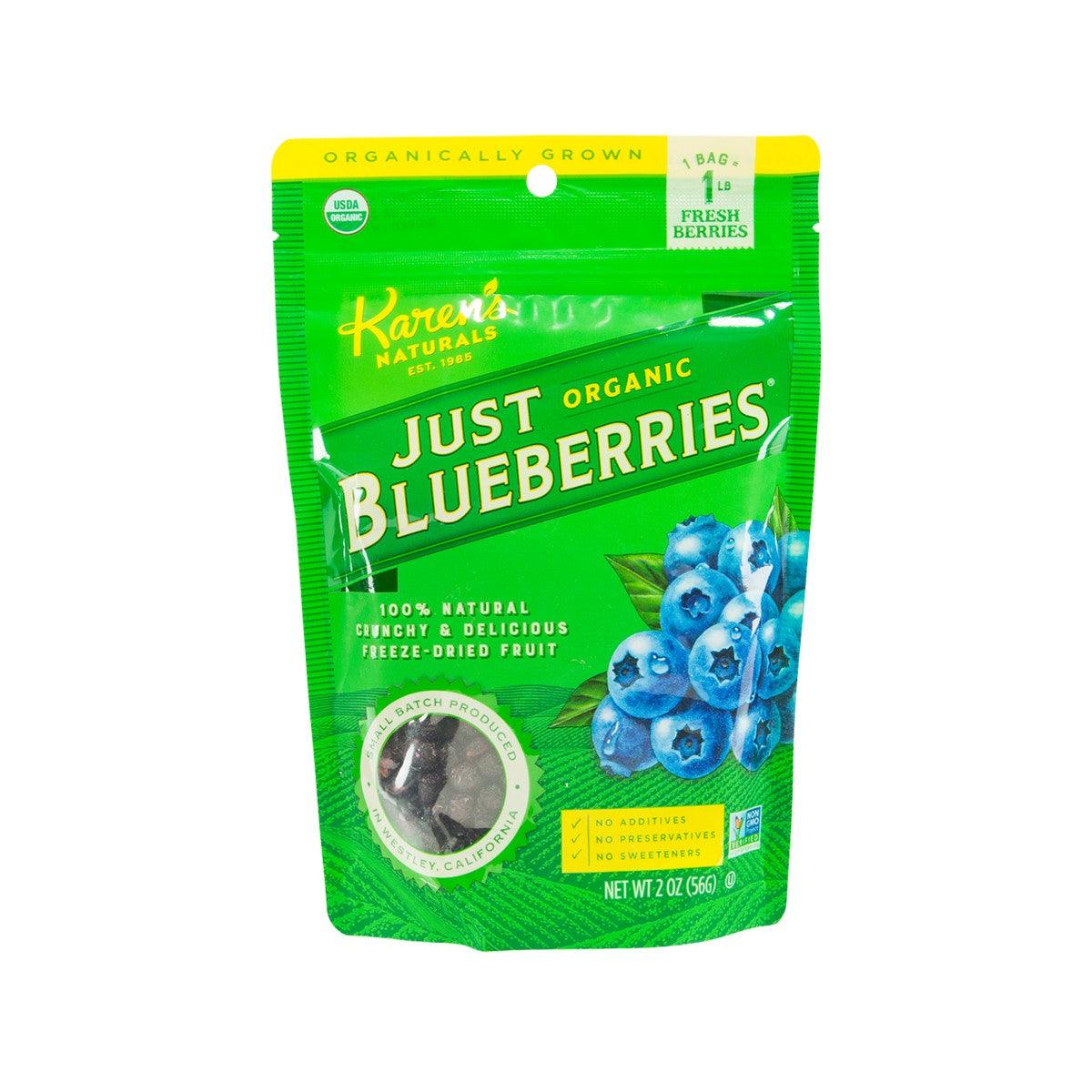 Freeze-dried organic blueberries pouch, dark blue berries inside a green resealable bag