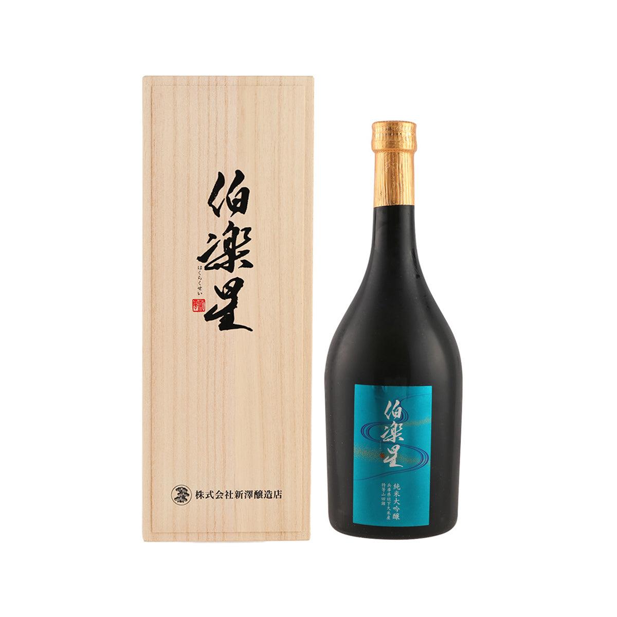 Junmai daiginjo sake bottle with blue label, gold cap, and wooden gift box