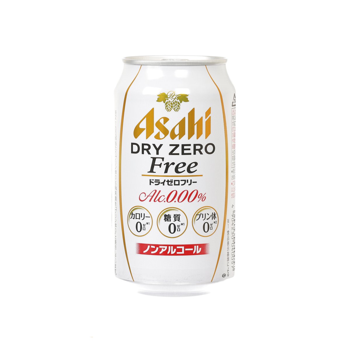 ASAHI Dry Zero Free beer can, white with gold label text, 0% alcohol and 0 carbs