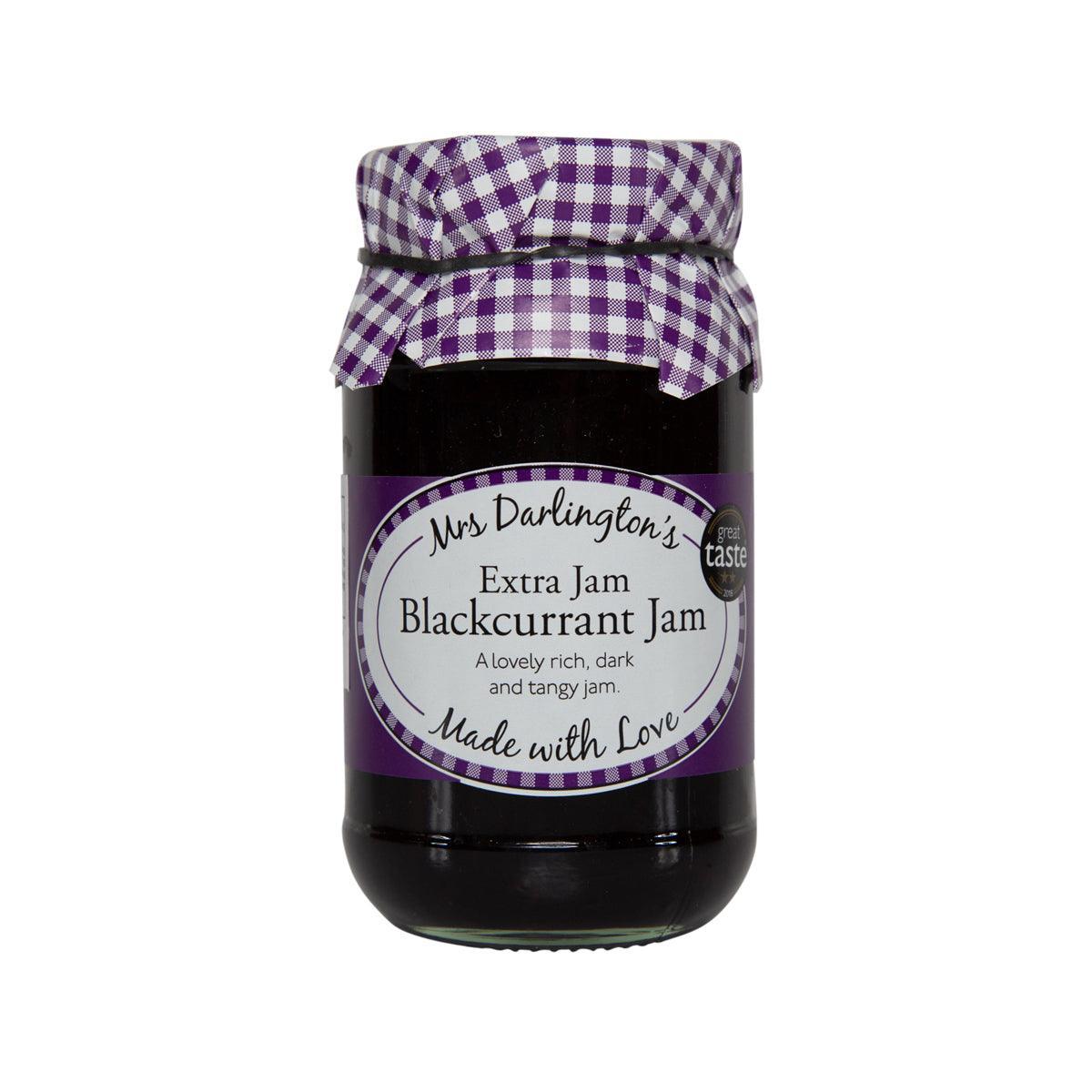 Blackcurrant extra jam jar with dark purple filling and purple check bow label
