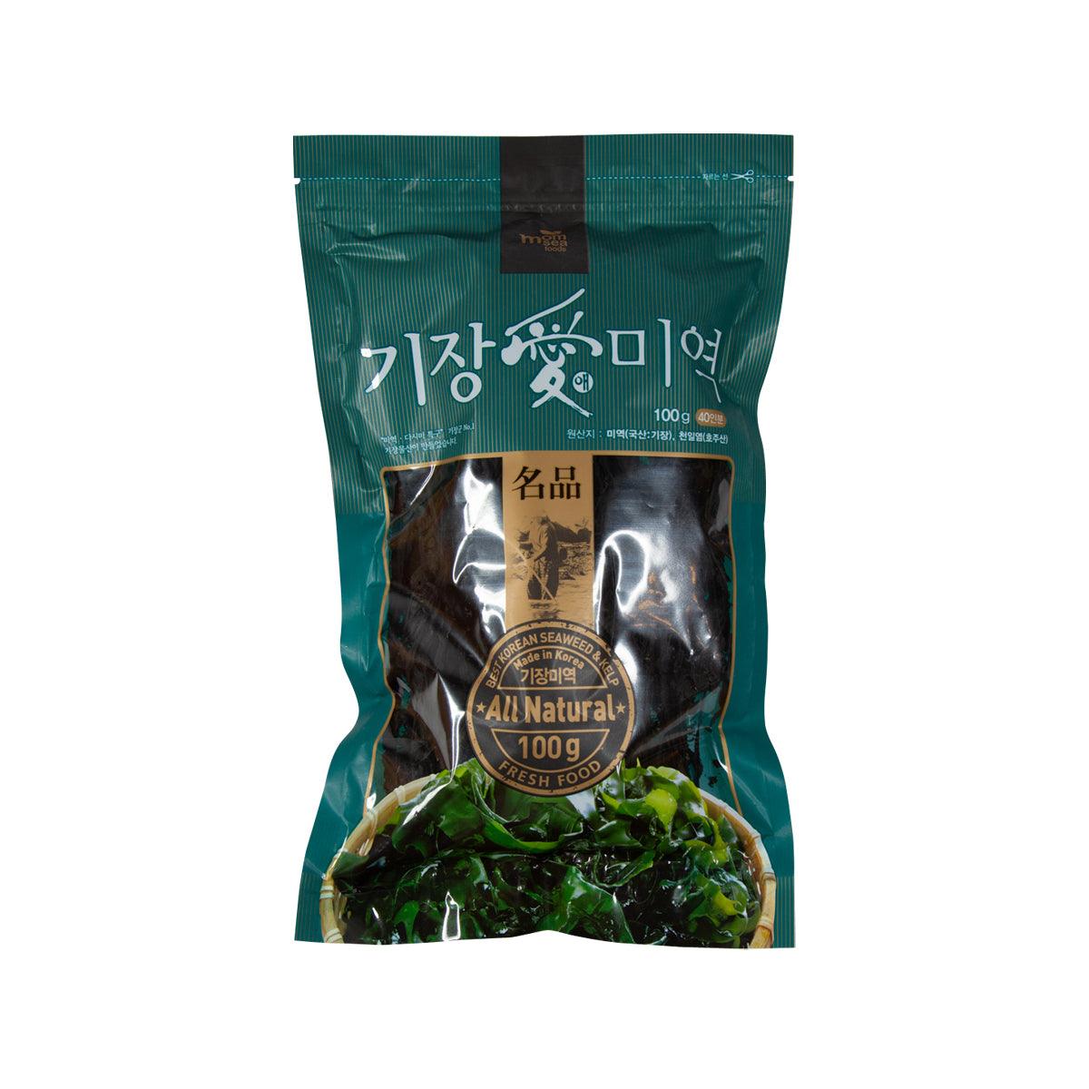 Dried seaweed 100g pouch, teal package with dark green seaweed visible