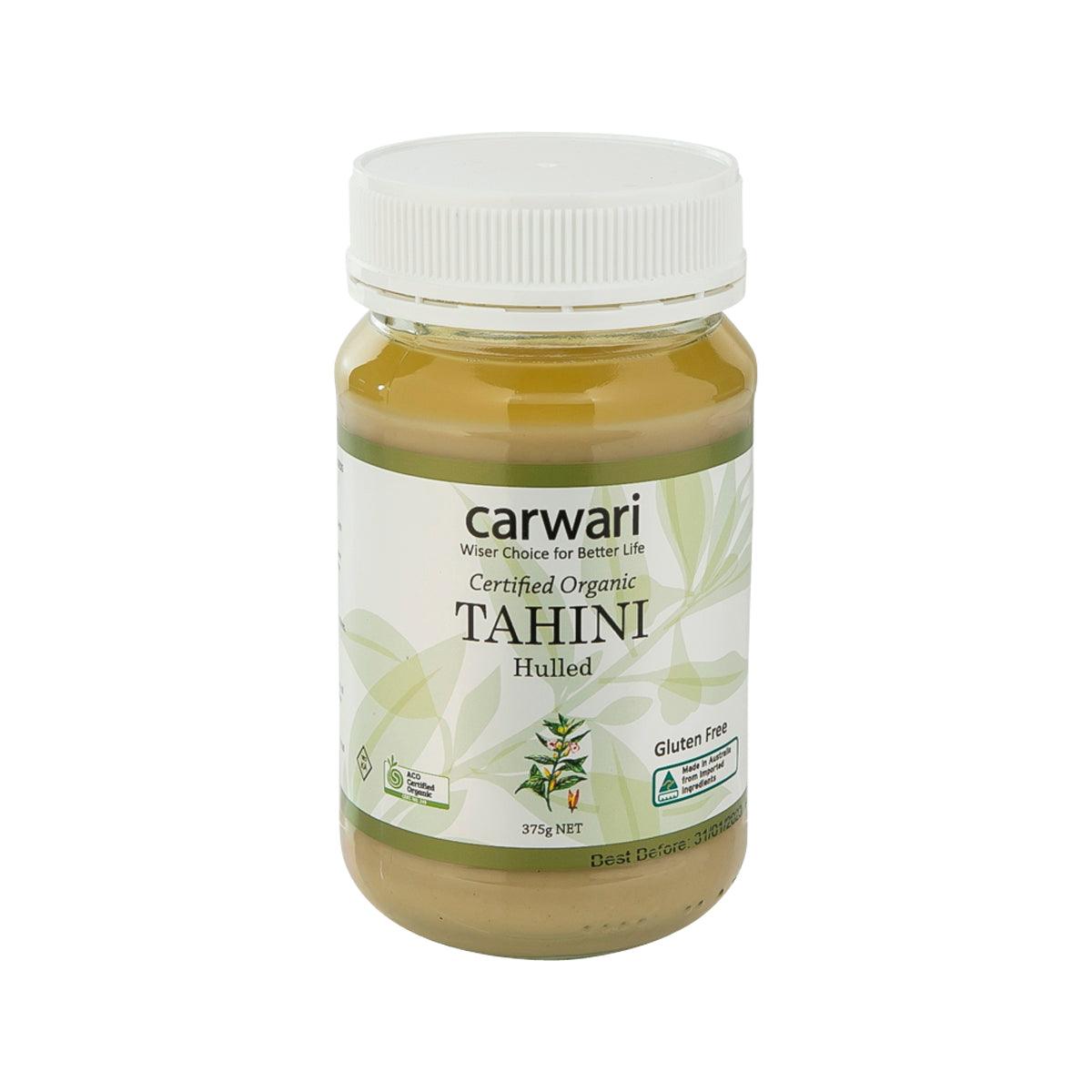 carwari hulled organic tahini jar, gluten free, 375g, with white screw cap