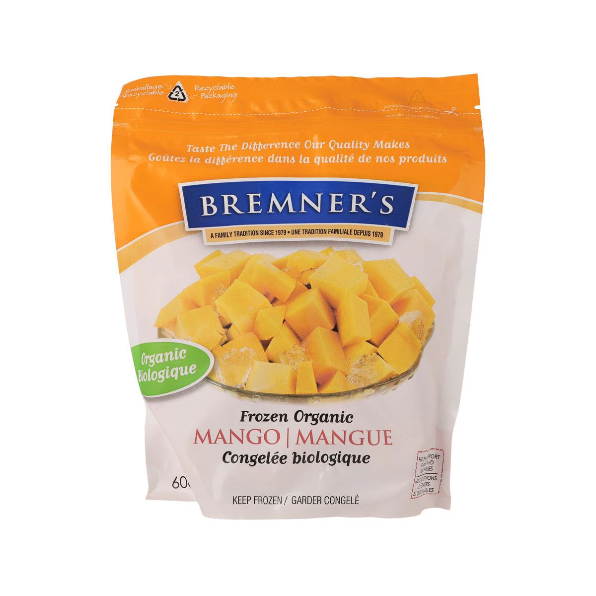 Frozen organic mango chunks in clear stand-up pouch, BREMNER'S brand, 600g