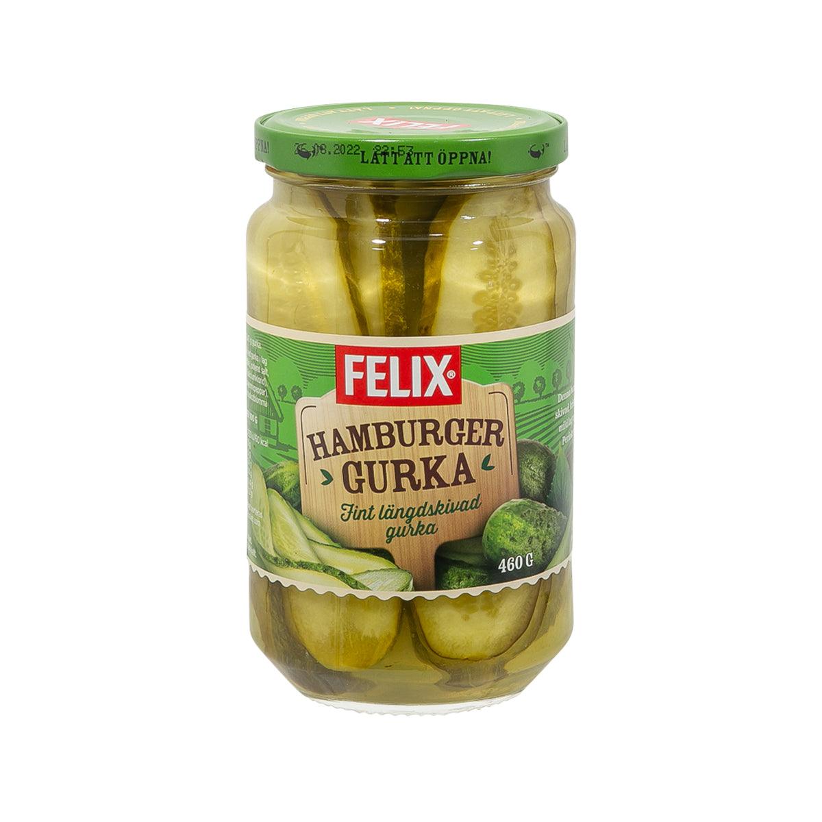 Jar of FELIX sliced dill pickles, green cucumber slices in brine, 460 g