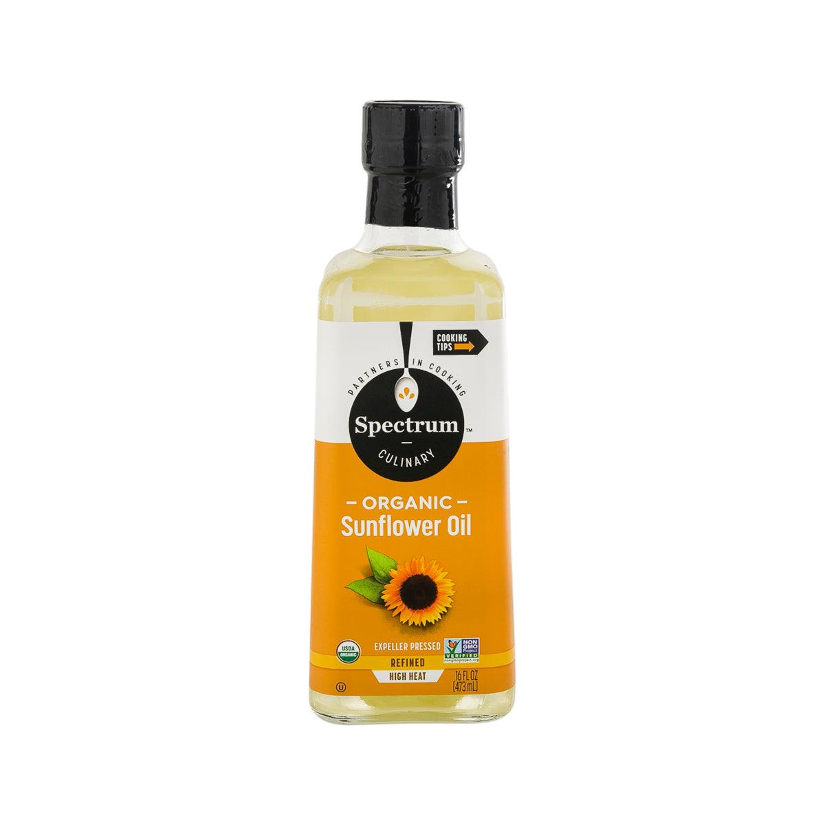 Spectrum organic sunflower oil bottle, 473 mL, black cap with yellow liquid.