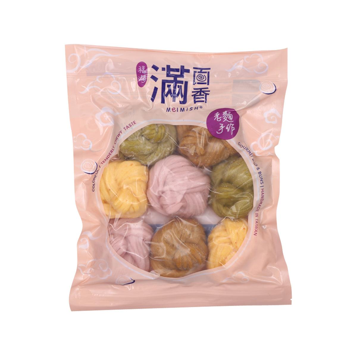 Assorted handmade rolls in clear-pack bag with pastel yellow, pink, and green pieces