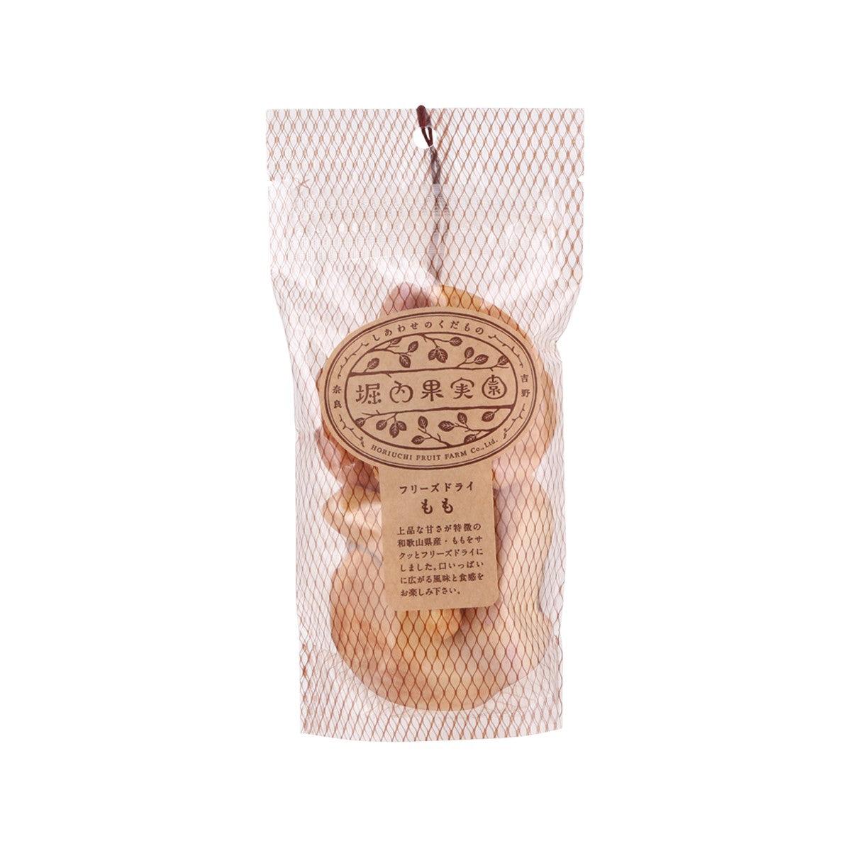 HORIUCHIFRUIT freeze-dried peach in clear mesh bag with label