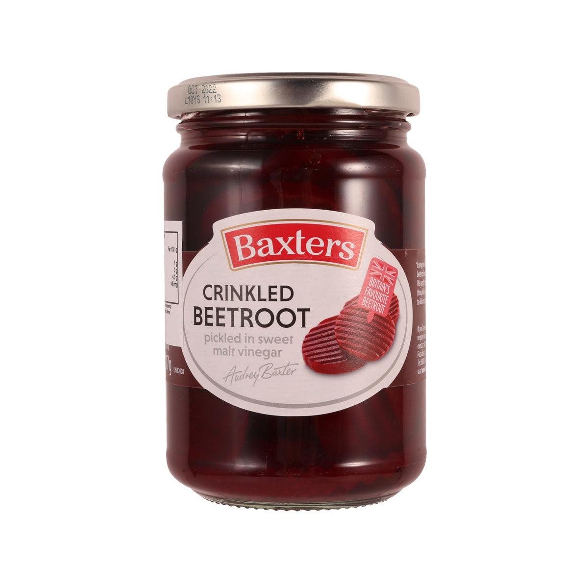 Baxters jar of crinkled beetroot in malt vinegar, red beet pieces under brine