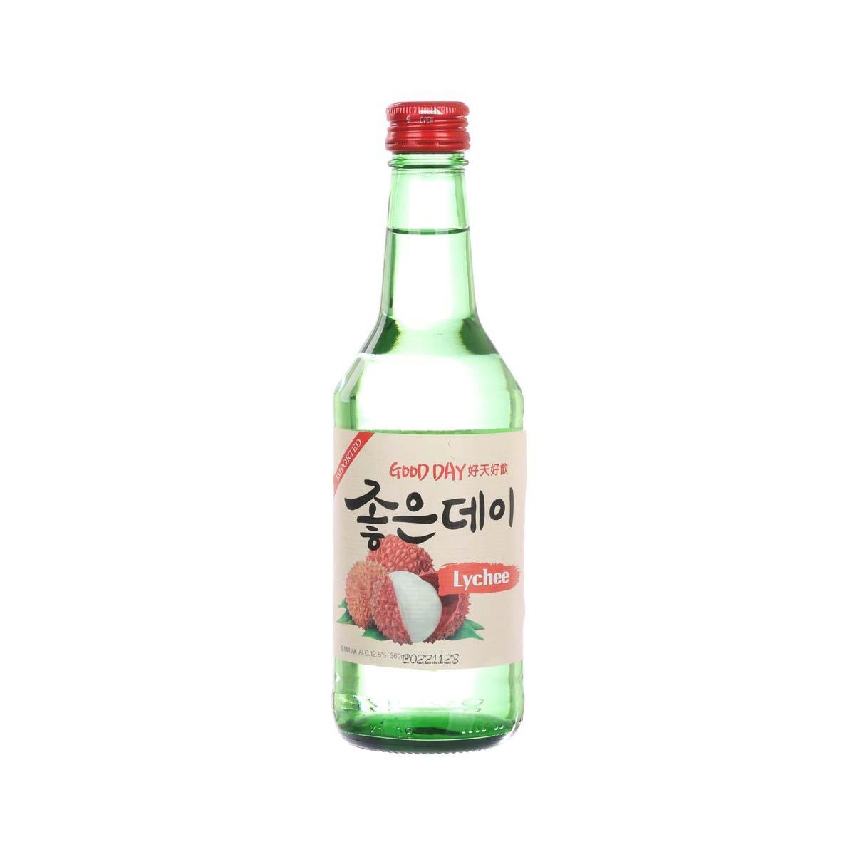 Green soju bottle with red cap, lychee flavor label, 360 mL