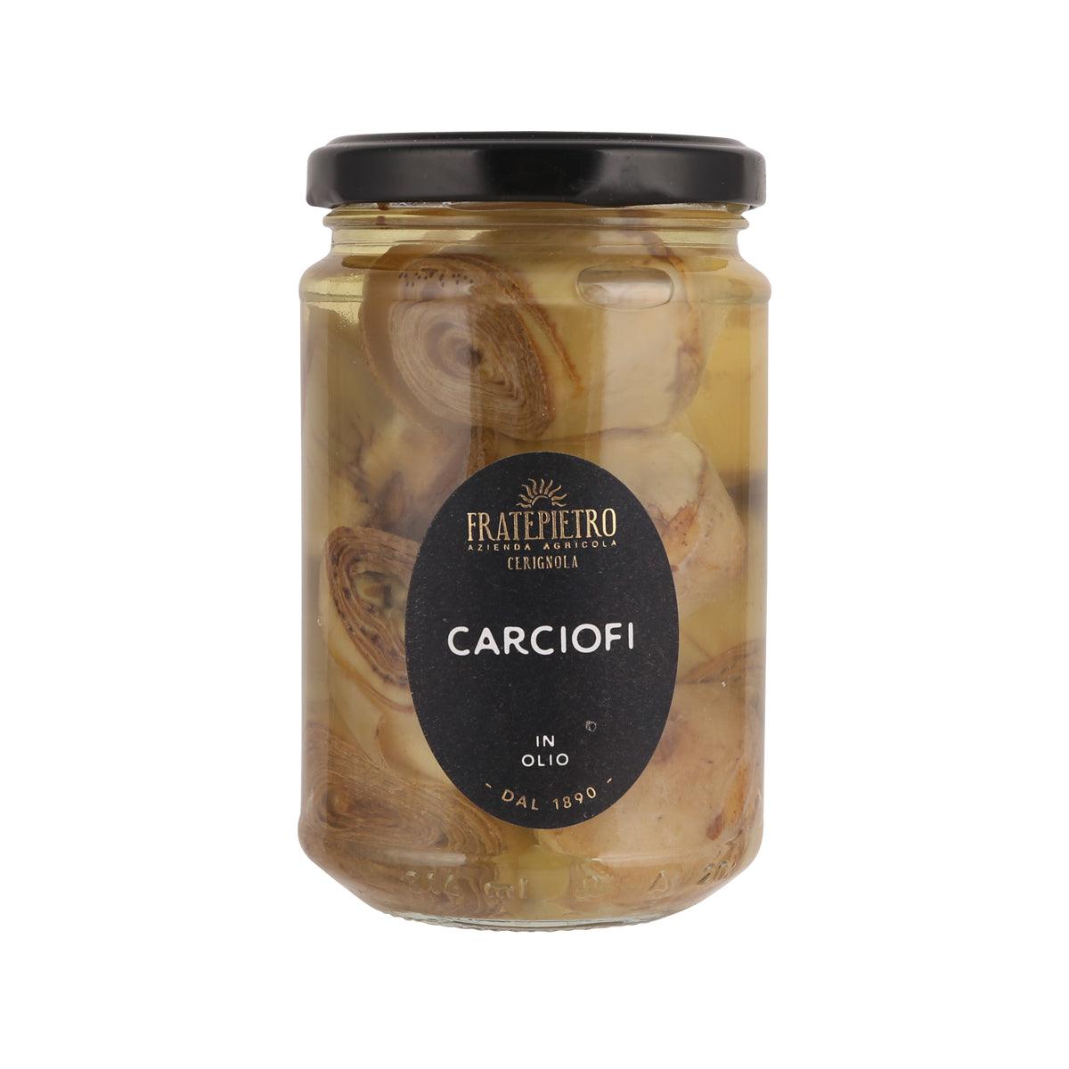 FRATEPIETRO artichokes in oil jar with glass lid and label, artichoke pieces in oil