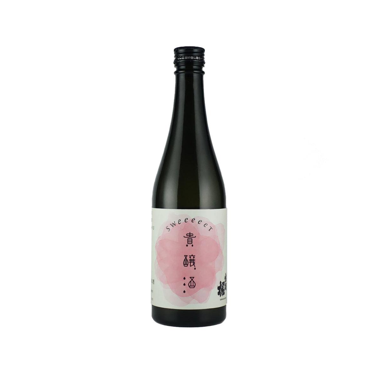 DEWAZAKURA sweet aged kijoshu bottle, dark glass with black cap and pink label