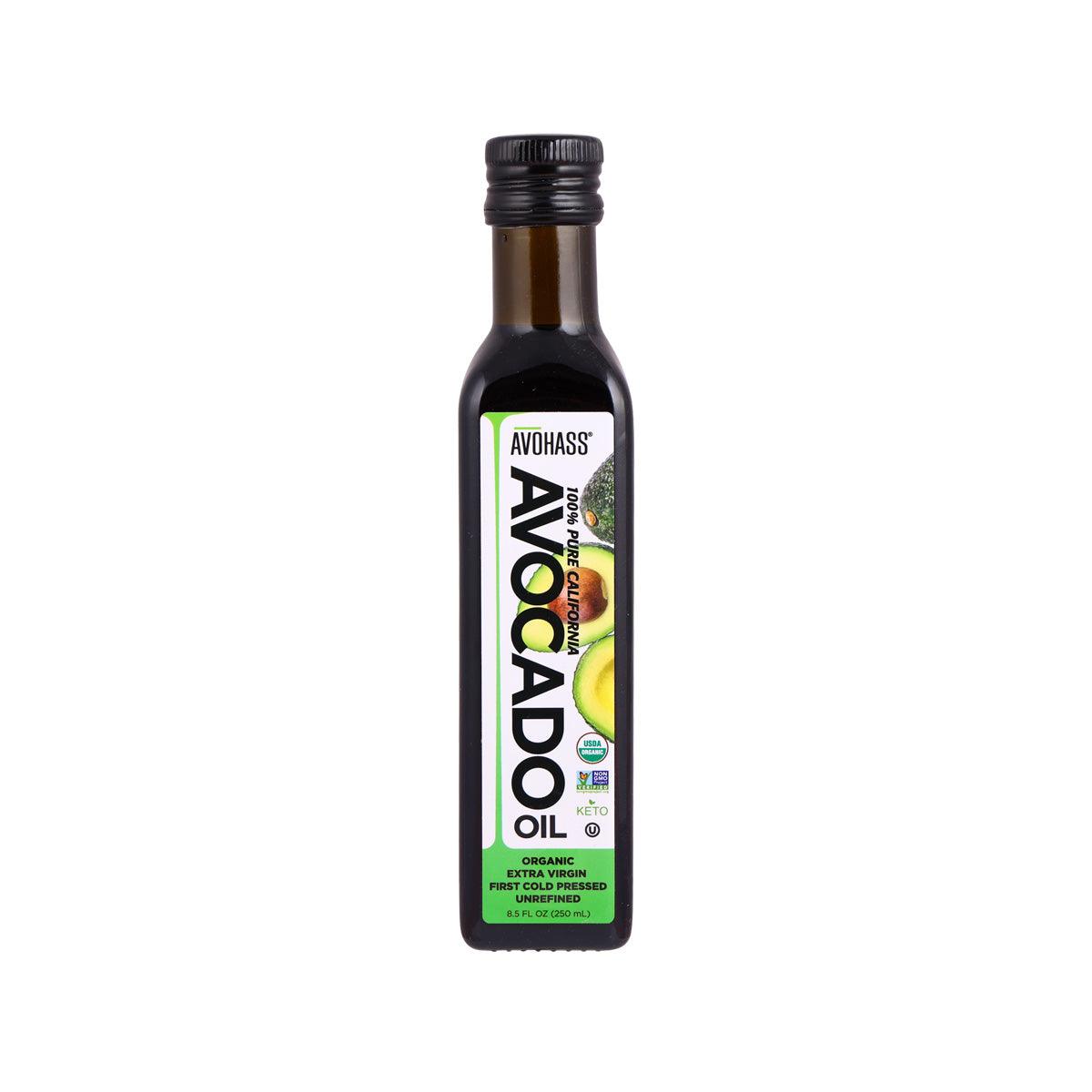 AVOHASS unrefined avocado oil bottle with black cap, amber glass, 250 mL
