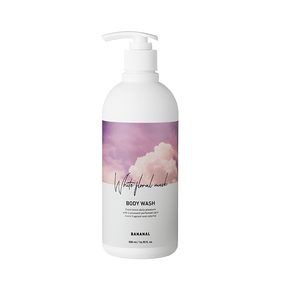 Perfumed body wash bottle with white pump, floral musk scent, 500 mL