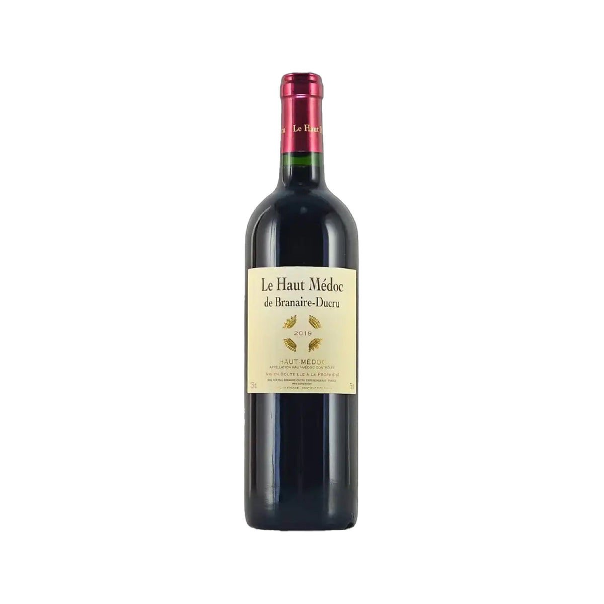 Wine bottle with dark red foil cap and cream front label