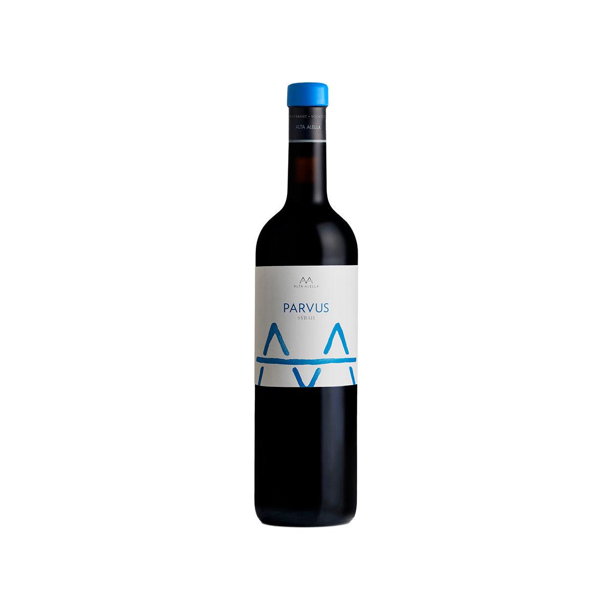 ALTA ALELLA Parvus Syrah wine bottle with blue cap and dark glass label