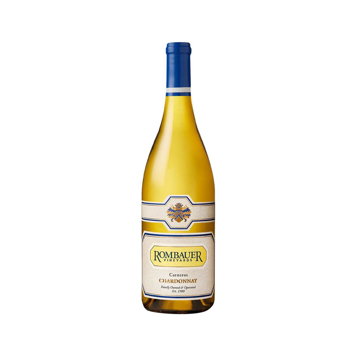 ROMBAUER Carneros Chardonnay 23 wine bottle with blue cap and yellow liquid