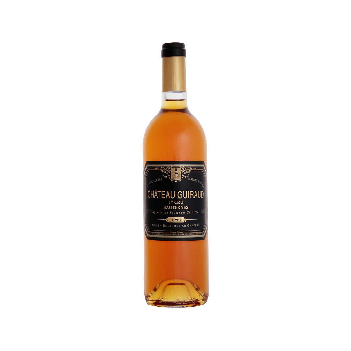 Sauternes wine bottle with gold capsule and amber glass, label on front