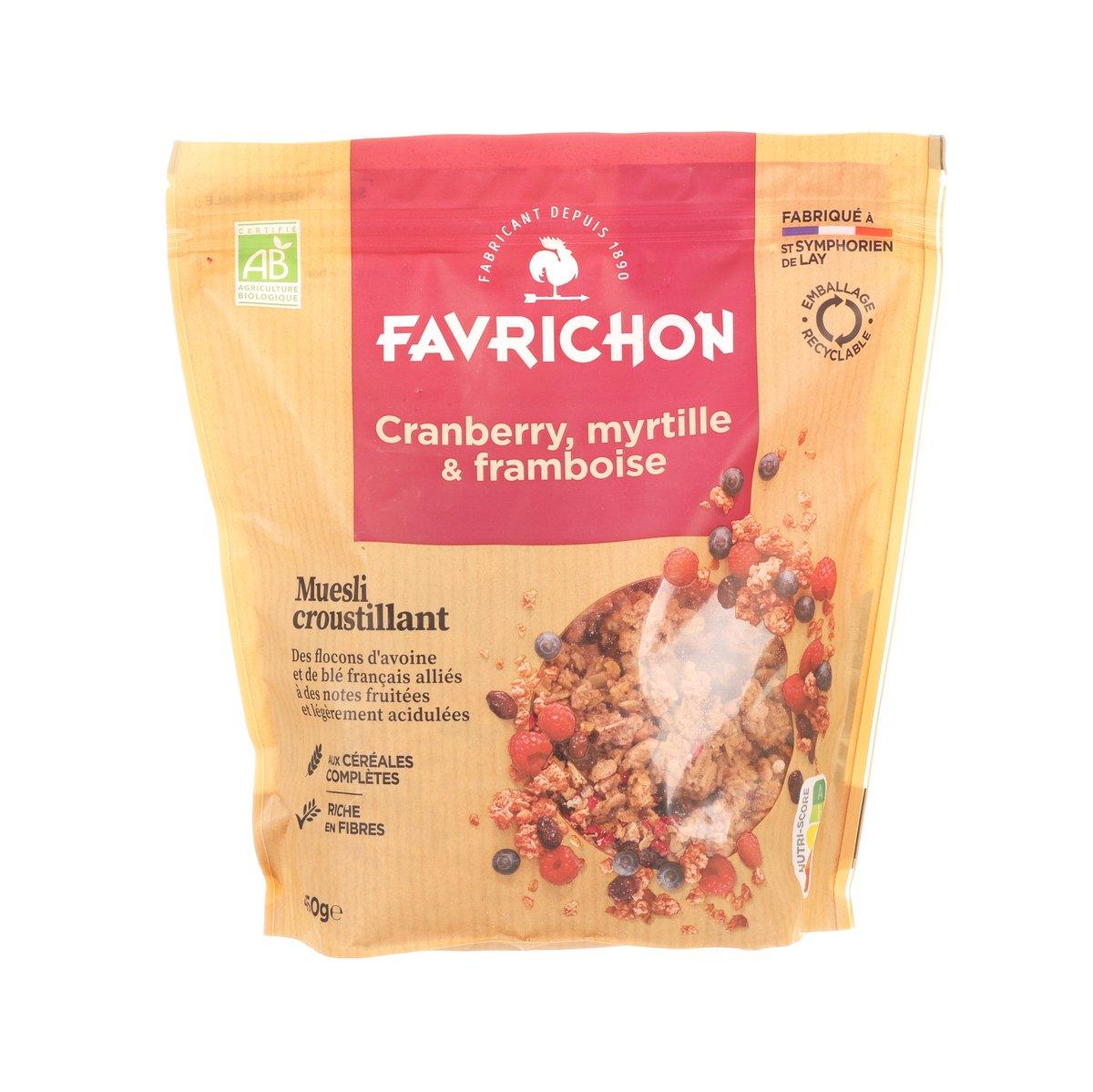Organic muesli pouch with cranberries, blueberries and raspberries, FAVRICHON branding