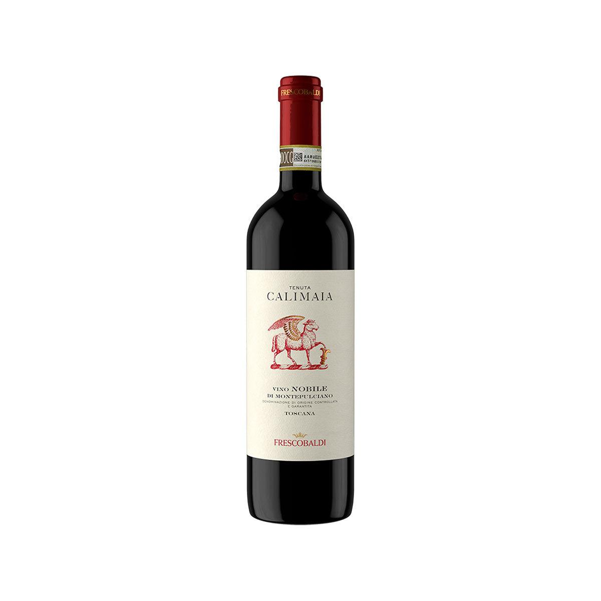 FRESCOBALDI Calimaia Montepulciano wine bottle with red foil cap and cream label