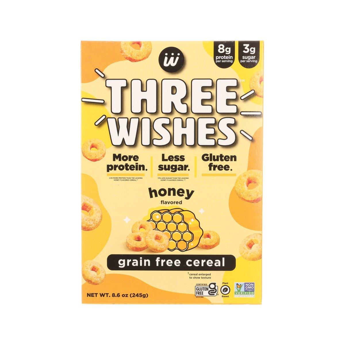 Honey flavored grain-free cereal box, yellow with Three Wishes branding