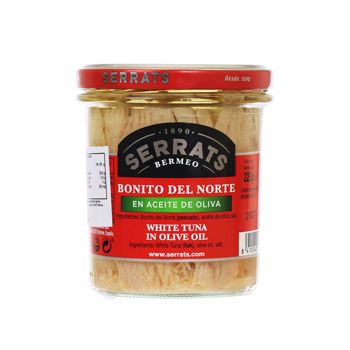 SERRATS white tuna in olive oil jar with red lid and glass container