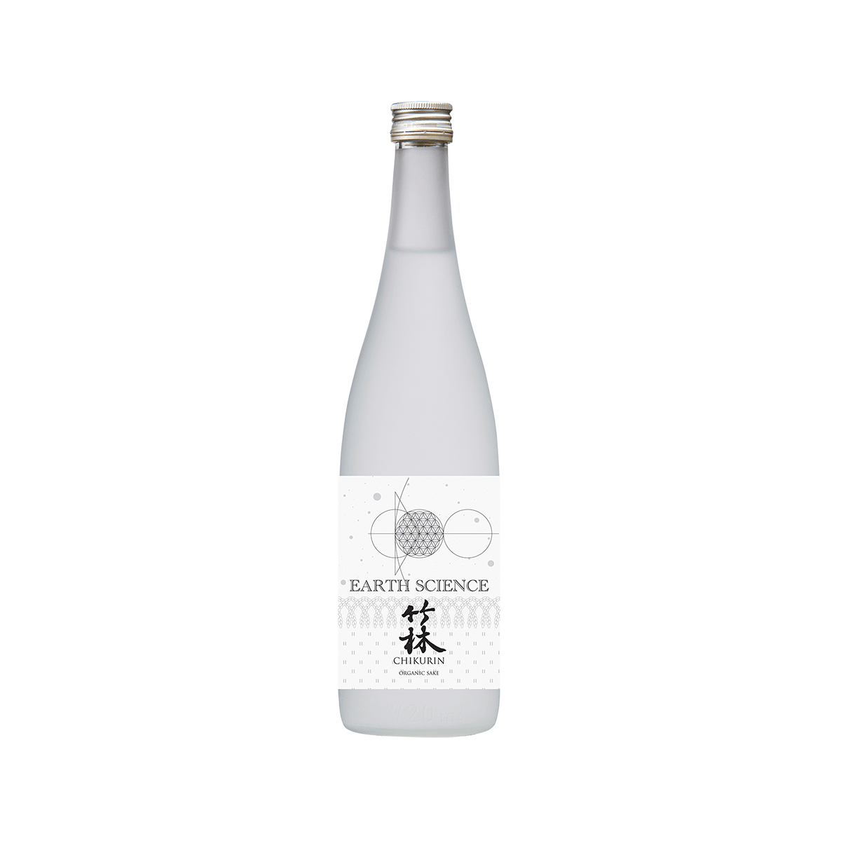 Sake bottle with clear glass body, gold cap, and Earth Science CHIKURIN label