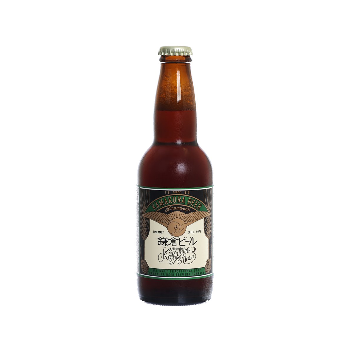KAMAKURABEER Moon beer bottle with amber glass, gold cap, and green label