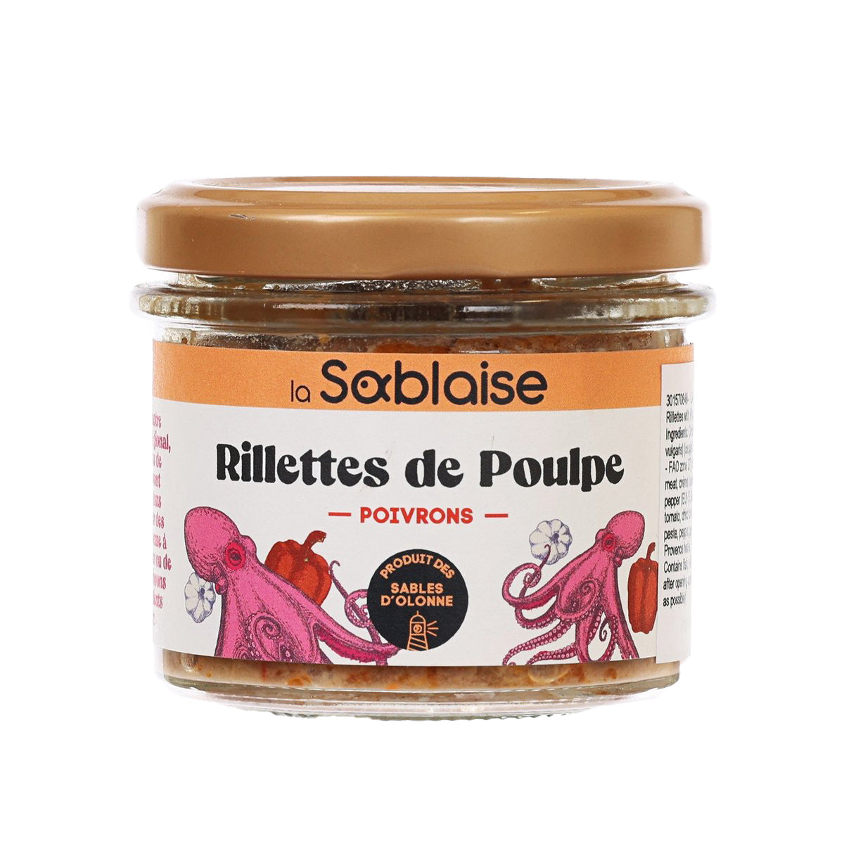 Octopus rillettes with peppers jar, glass container with wooden-brown lid