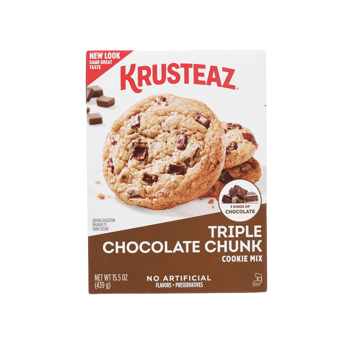 KRUSTEAZ triple chocolate chunk cookie mix box, 439 g, with cookie photo.