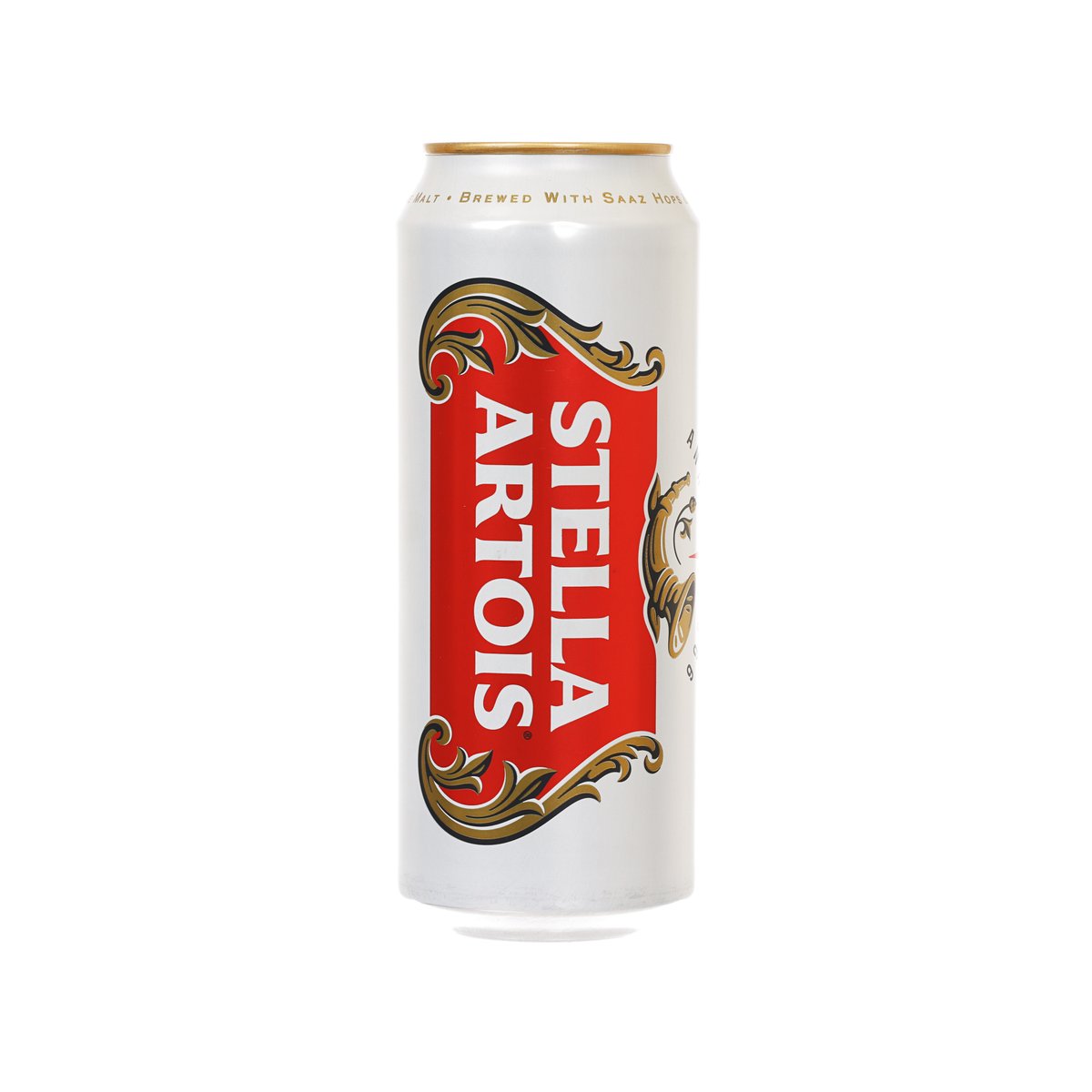 STELLA ARTOIS premium lager beer can, white with red label, 500 mL