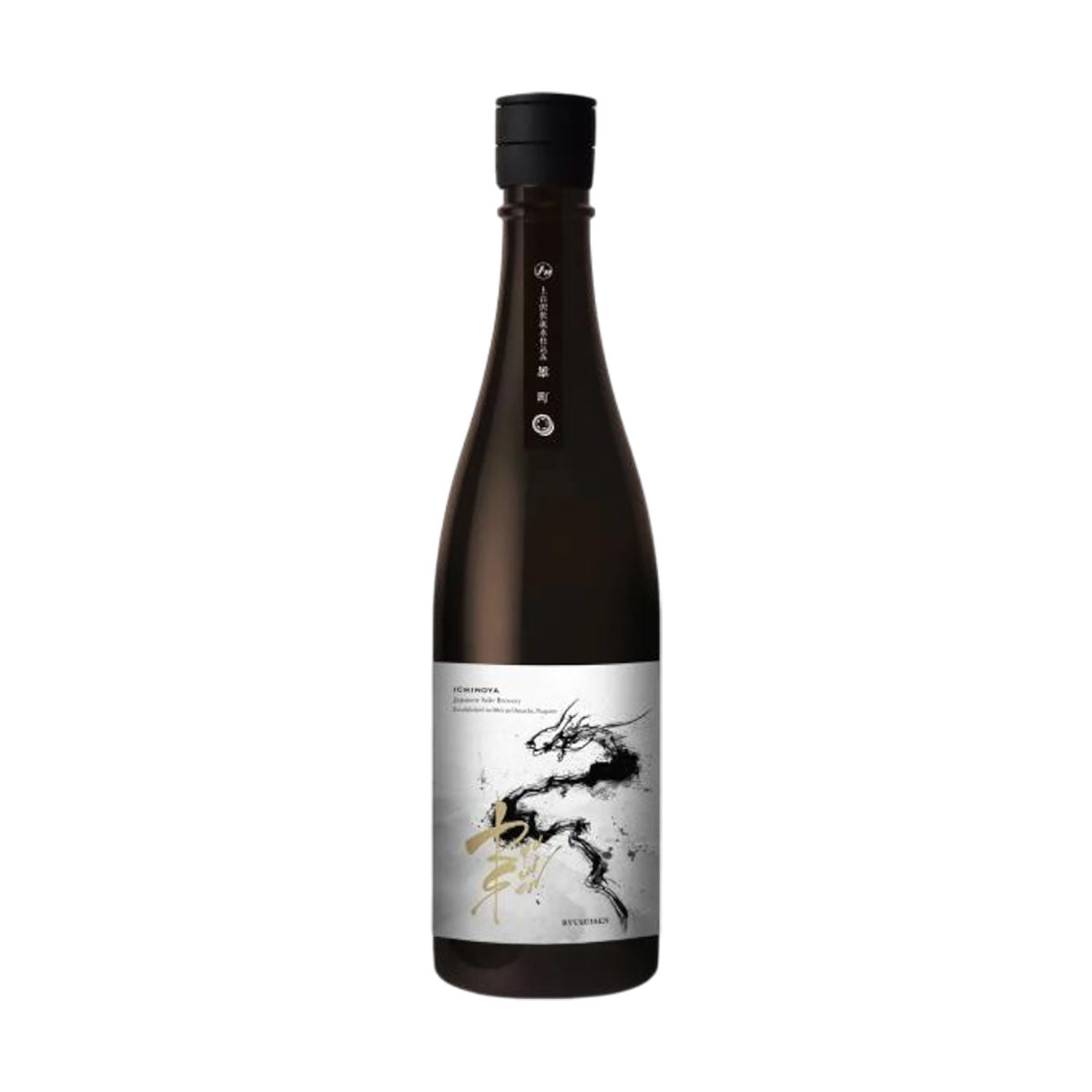 RYUSUISEN Omachi 720 mL bottle, dark glass, black cap, illustrated label