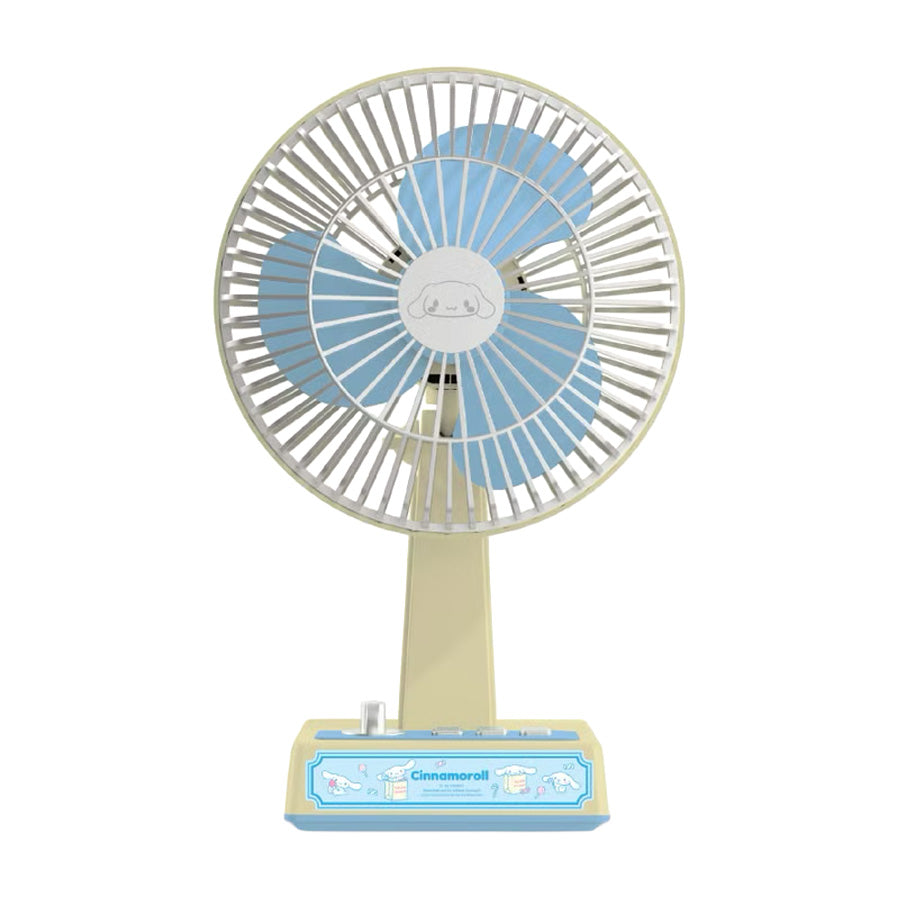 Vintage desk fan with blue grille and Cinnamoroll face on round fan head