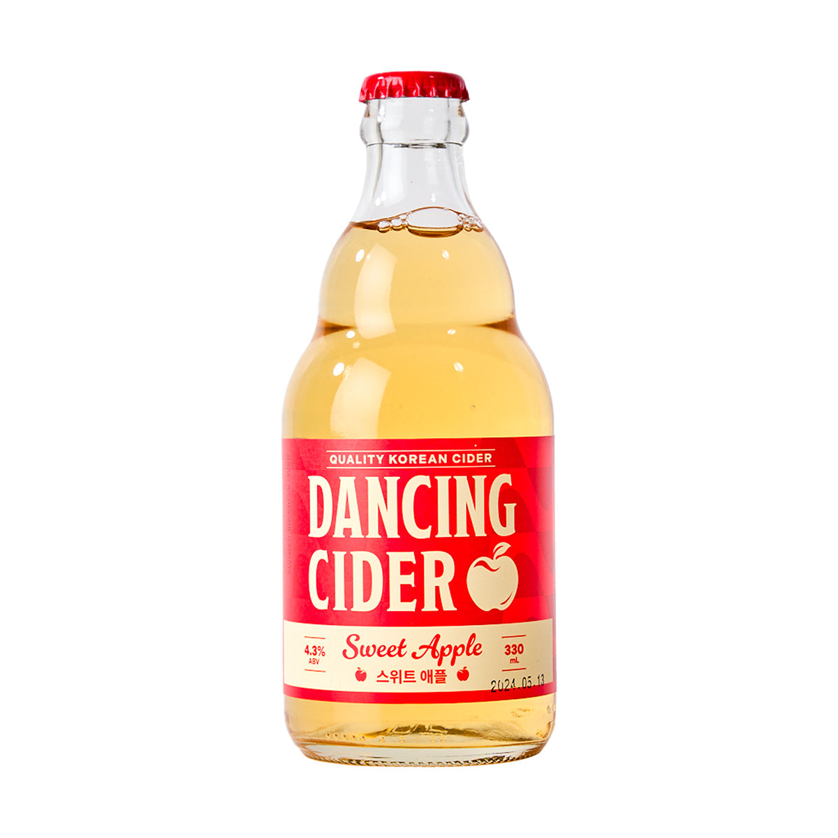 DANCING CIDER sweet apple cider bottle with red cap, amber liquid, 330 mL