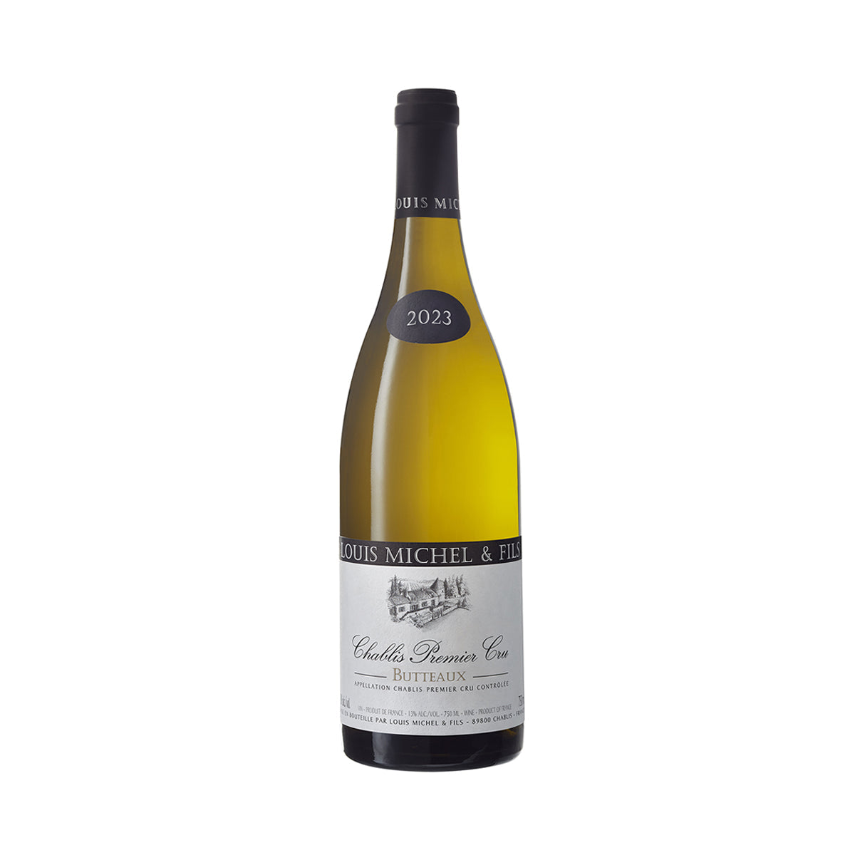 Domaine Louis Michel Chablis Premier Cru Butteaux 2023 wine bottle, dark cap, label