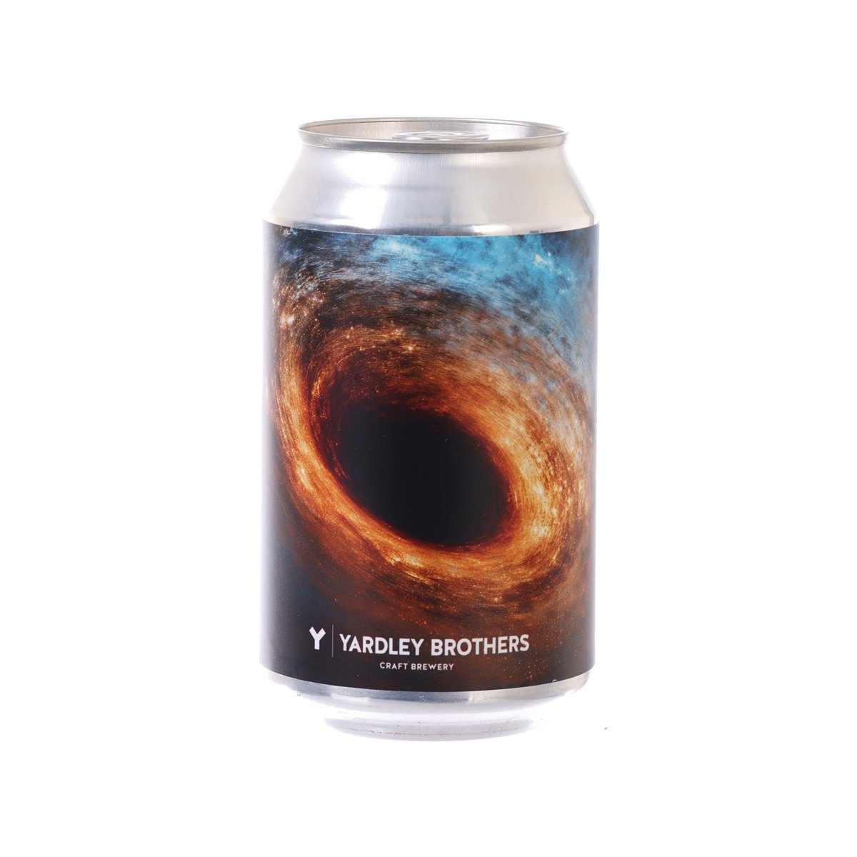 YARDLEY BROTHERS beer can with black hole artwork and dark swirl on a silver label