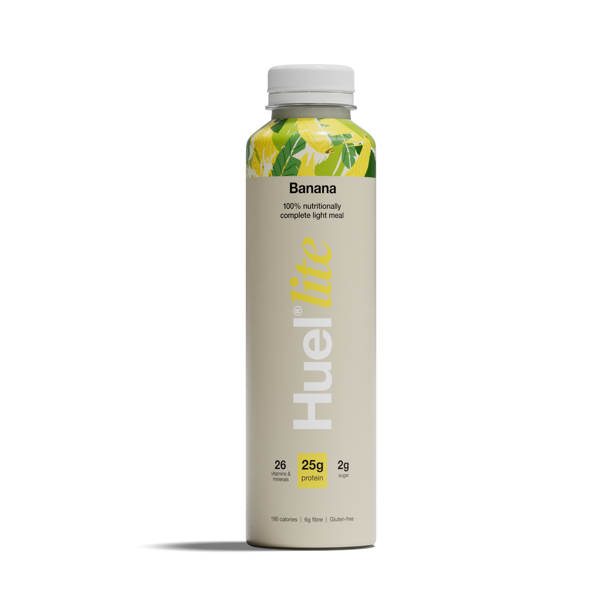 HUEL banana light protein meal drink in a clear PET bottle, 500 mL