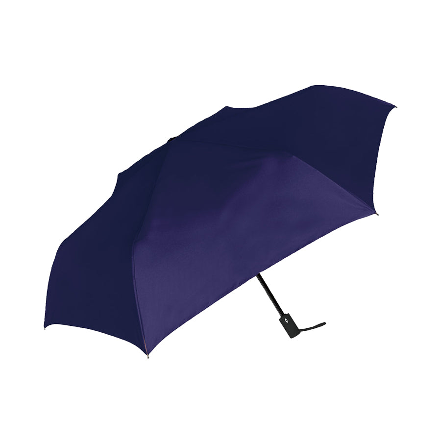 Navy compact auto-fold umbrella with curved handle and strap