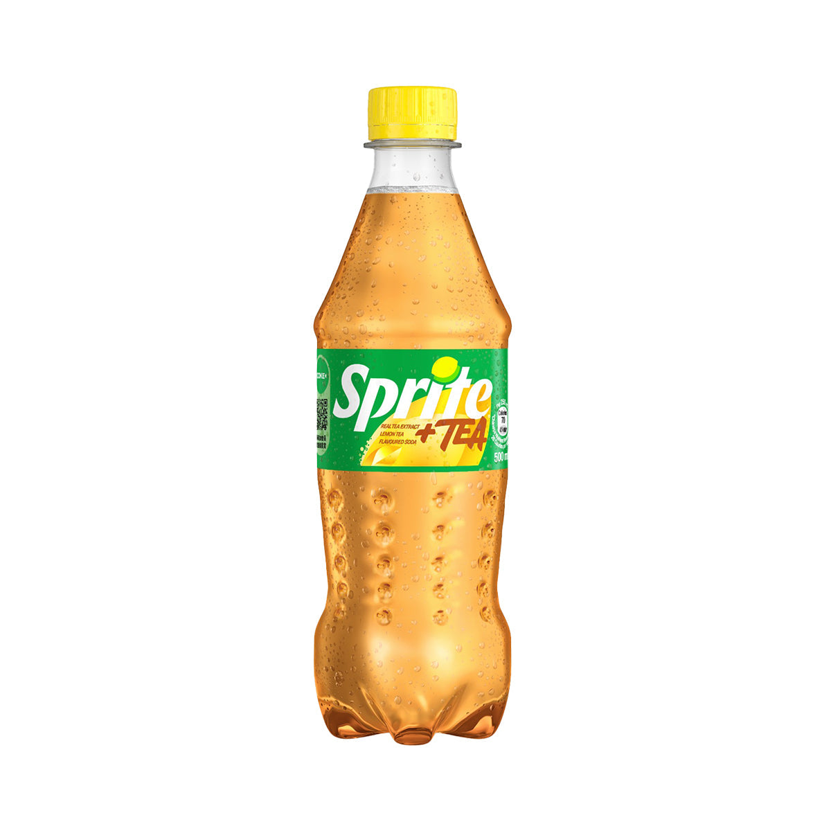 Sprite lemon tea soda in clear PET bottle with yellow cap, amber golden liquid