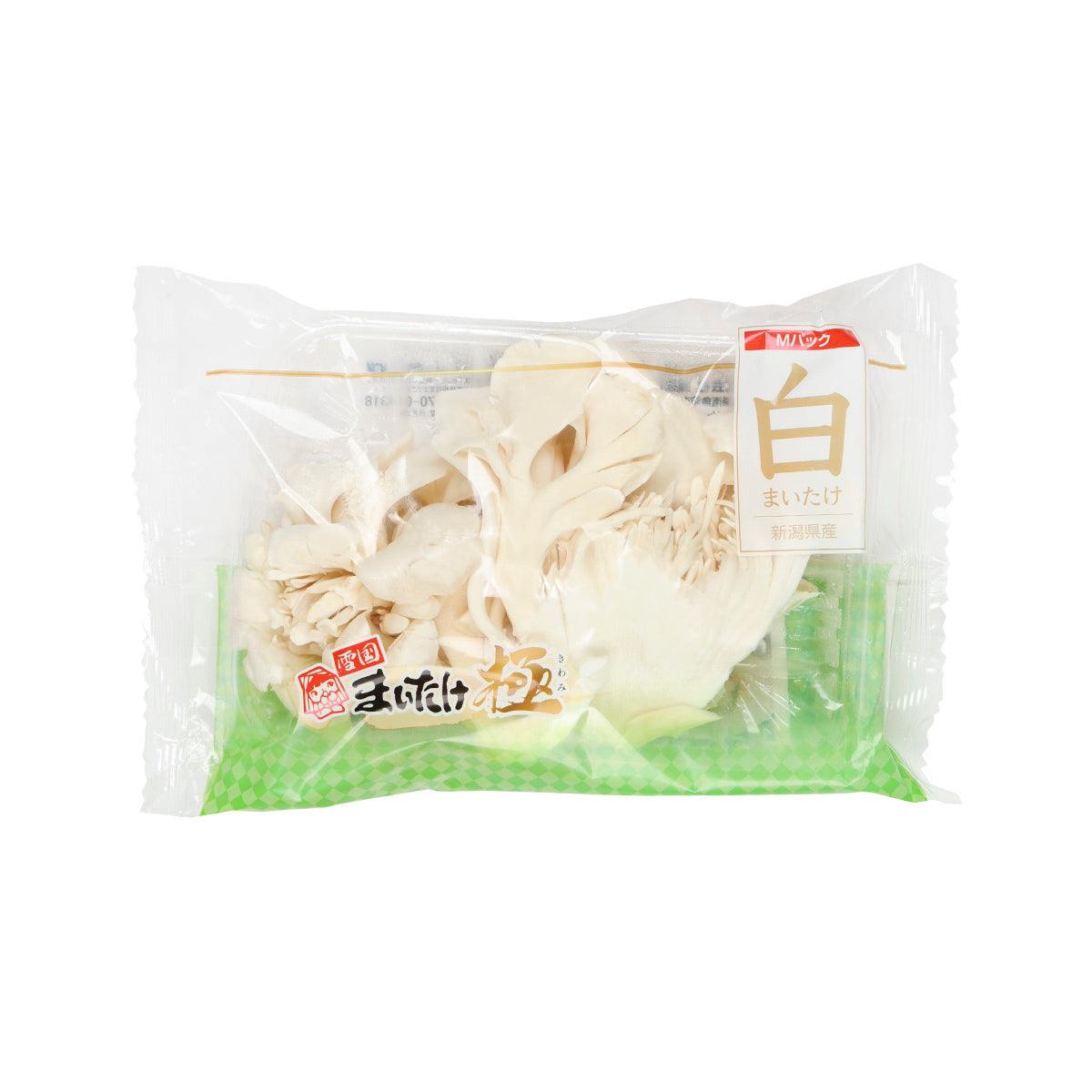 Packaged white maitake mushrooms in clear plastic bag with red label