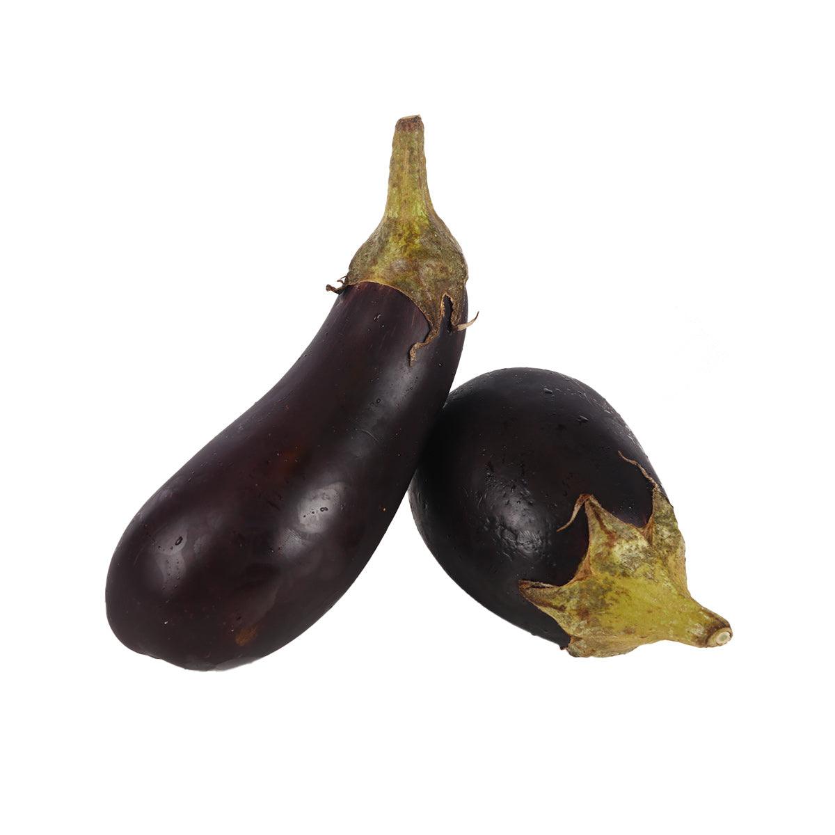 Organic eggplants, dark purple with green stems; two whole vegetables (300g)