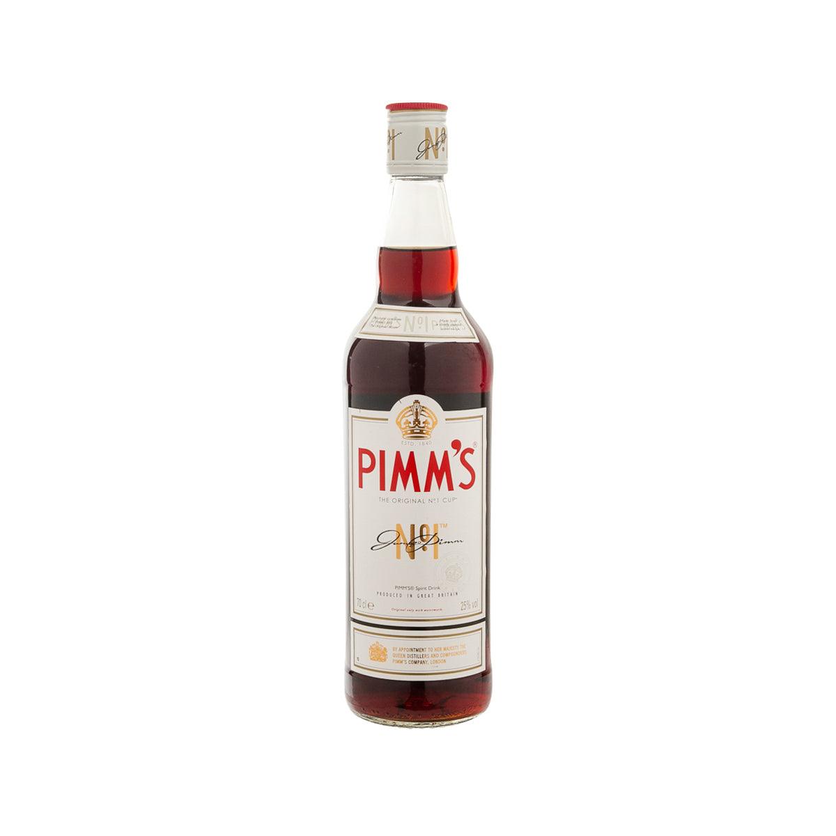 PIMMS No.1 cocktail drink bottle, clear glass with red label and amber liquid, 700mL