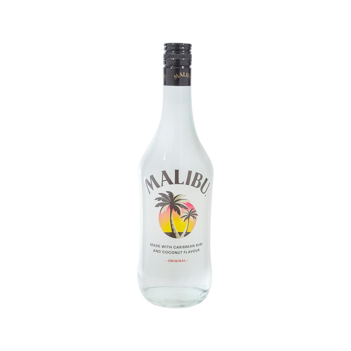 Malibu Original spirit bottle, clear glass with black cap and Malibu label